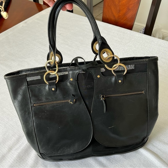 Black Donald J. Pliner Leather Mesh Tote Bag Purse Medium Gold Hardware - Picture 2 of 10